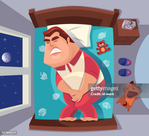 stockillustraties, clipart, cartoons en iconen met man met slapeloze nacht met urine probleem - diarrhea