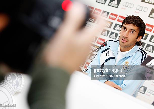 Raul Gonzalez of Real Madrid gives a press conference after a training session at Valdebebas on November 5, 2009 in Madrid, Spain.