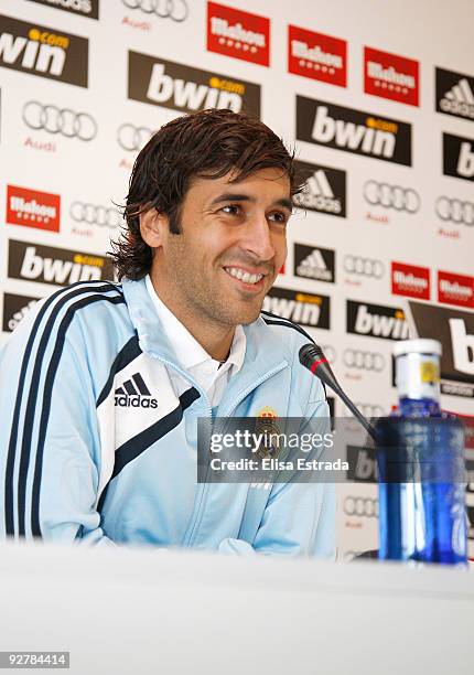 Raul Gonzalez of Real Madrid gives a press conference after a training session at Valdebebas on November 5, 2009 in Madrid, Spain.