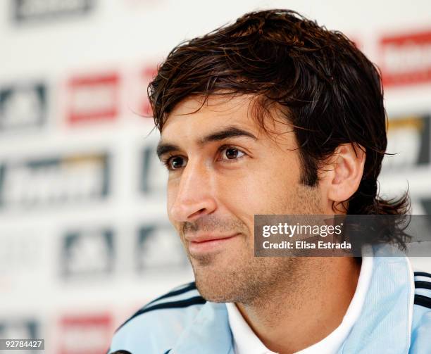 Raul Gonzalez of Real Madrid gives a press conference after a training session at Valdebebas on November 5, 2009 in Madrid, Spain.