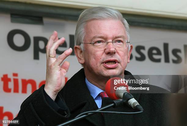 Roland Koch, prime minister of the German state of Hessen, speaks at a demonstration by the industrial trade union IG Metall outside the Adam Opel...