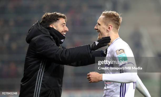 Waregem , Belgium / Zulte Waregem v Rsc Anderlecht / "nJosue SA - Lukasz TEODORCZYK - Celebration"nFootball Jupiler Pro League 2017 - 2018 Matchday...