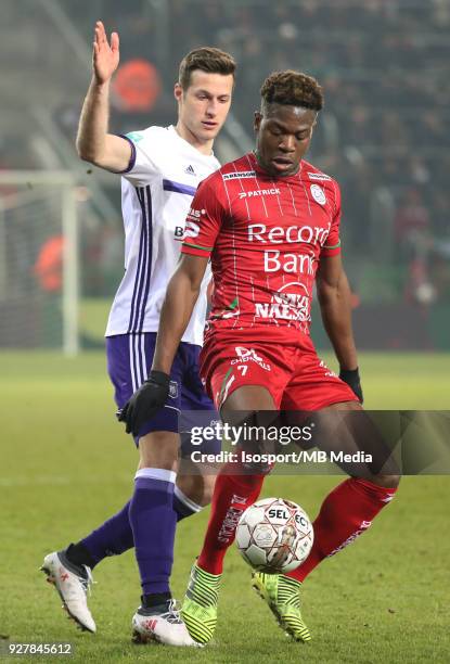 Waregem , Belgium / Zulte Waregem v Rsc Anderlecht / "nUros SPAJIC - Aaron LEYA ISEKA"nFootball Jupiler Pro League 2017 - 2018 Matchday 29 /...