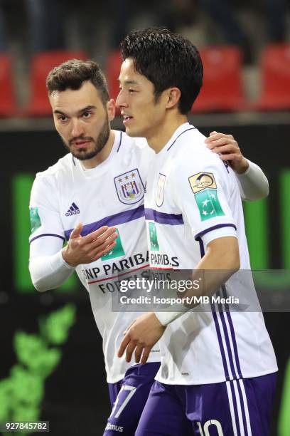 Waregem , Belgium / Zulte Waregem v Rsc Anderlecht / "nIvan OBRADOVIC - Ryota MORIOKA - Celebration"nFootball Jupiler Pro League 2017 - 2018 Matchday...