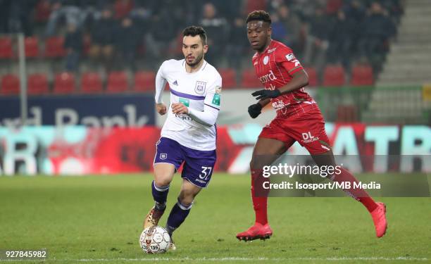 Waregem , Belgium / Zulte Waregem v Rsc Anderlecht / "nIvan OBRADOVIC - Aaron LEYA ISEKA"nFootball Jupiler Pro League 2017 - 2018 Matchday 29 /...