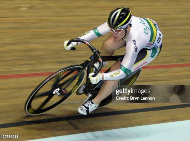 Anna Meares of Australia in action during her 1/8 final of the Women's Sprint during day one of the UCI Track Cycling World Cup at the Manchester...