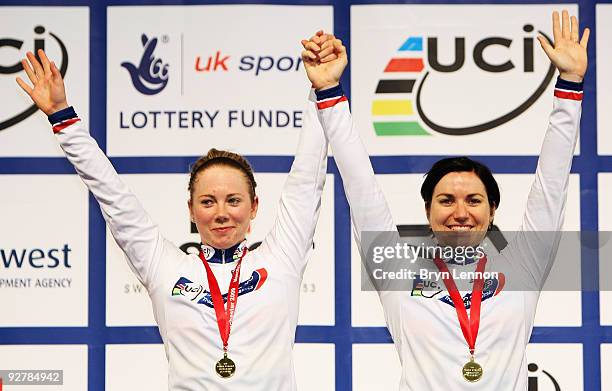 Kaarle McCulloch and Anna Meares of Australia celebrate winning the Women's Team Sprint during day two of the UCI Track Cycling World Cup at the...