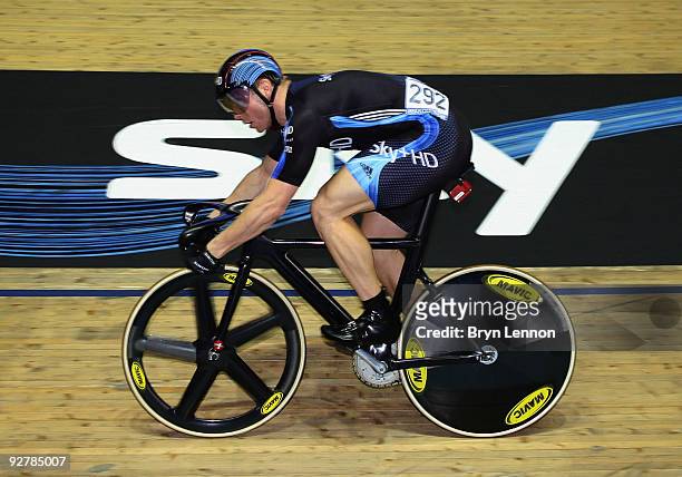 Chris Hoy of Great Britain and SKY+HD in action during day two of the UCI Track Cycling World Cup at the Manchester Velodrome on October 31, 2009 in...