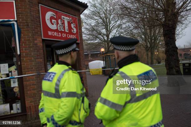 Forensic tent stands over a bench where a man and woman had been found unconscious the previous day, on March 6, 2018 in Salisbury, England. The man...