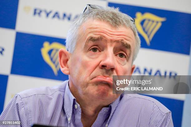 Ryanair CEO Michael O'Leary attends a press conference of Irish low-cost airline Ryanair, on March 6 in Brussels.