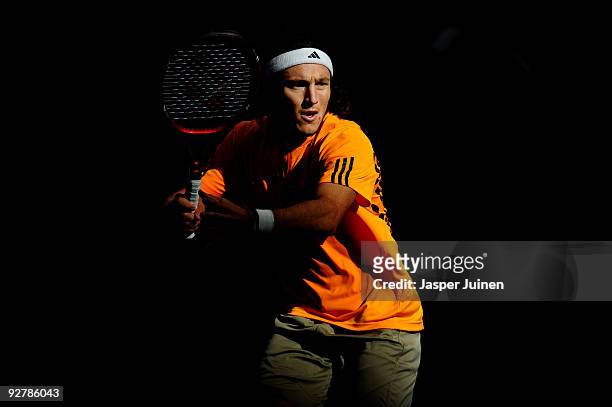 Juan Monaco of Argentina in action in his second round match against Nikolay Davydenko of Russia during the ATP 500 World Tour Valencia Open tennis...