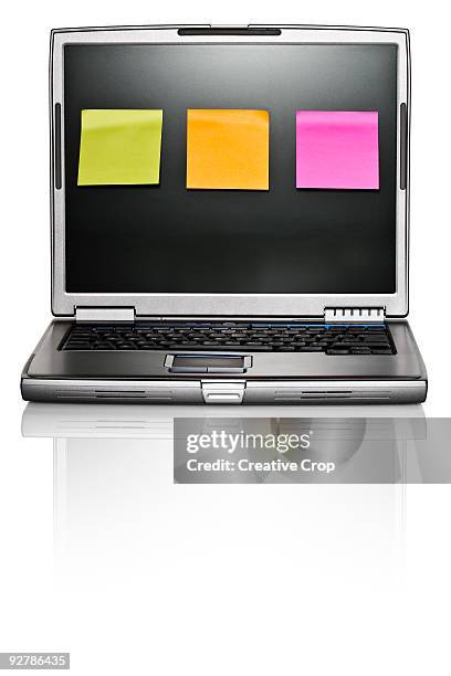 computer / laptop, three adhesive notes on screen - sticky-notes-covering-computer-monitor stock pictures, royalty-free photos & images