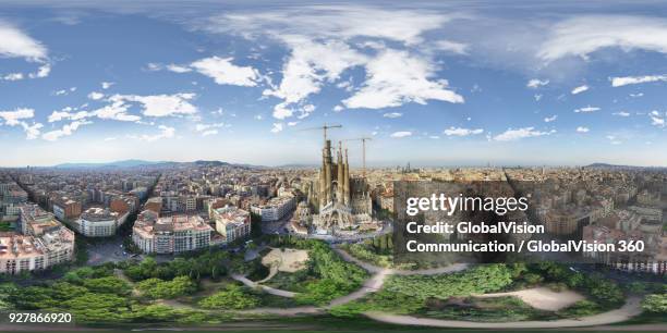 360-degree aerial view above sagrada familia in barcelona, spain - 360 panoramic stock pictures, royalty-free photos & images