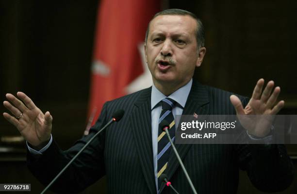 Turkish Prime Minister Recep Tayyip Erdogan addresses lawmakers at the parliament in Ankara on November 3, 2009. Turkey is still anchored to the West...