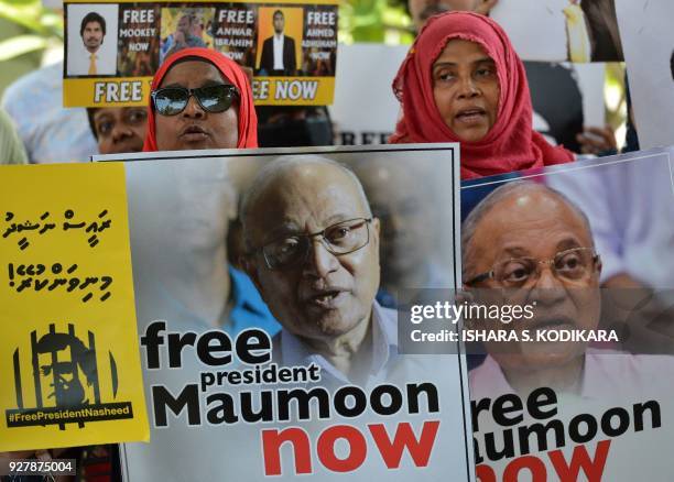 Supporters of former Maldivian president Mohamed Nasheed shouts slogans during a protest against the current Maldives President Abdulla Yameen,...