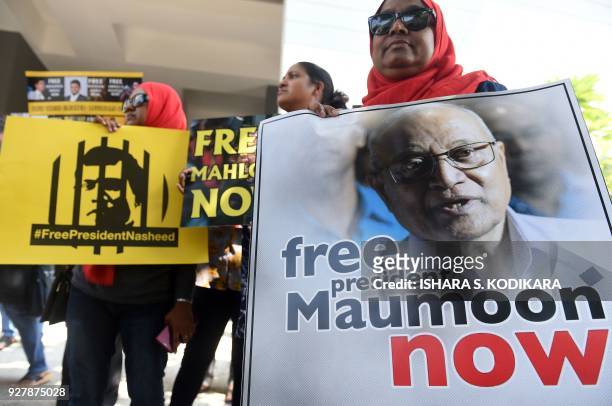 Supporters of former Maldivian president Mohamed Nasheed take part in a protest against the current Maldives President Abdulla Yameen, demanding the...
