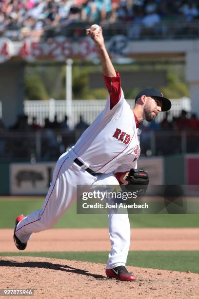 Matt Barnes of the Boston Red Sox throws the ball against the New York Yankees during a spring training game at JetBlue Park on March 3, 2018 in Fort...