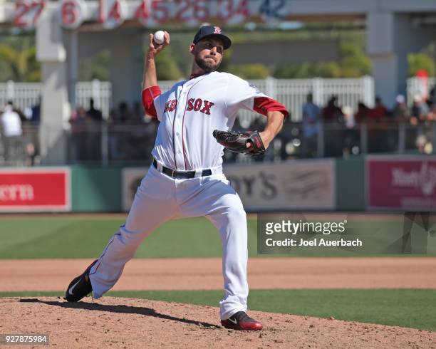 Matt Barnes of the Boston Red Sox throws the ball against the New York Yankees during a spring training game at JetBlue Park on March 3, 2018 in Fort...