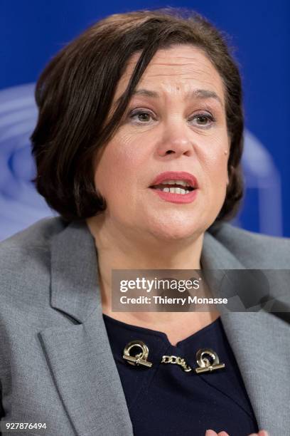 Sinn Féin leader Mary Lou McDonald is talking to media during a news conference at the European Parliament after a meeting with the European Chief...