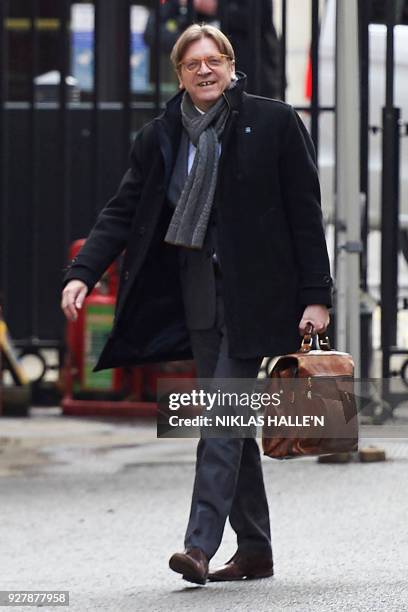 The European Parliaments Brexit coordinator Guy Verhofstadt arrives in Downing street for talks in central London on March 6, 2018. - Verhofstadt was...