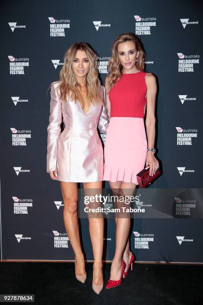 Nadia Bartel and Rebecca Judd arrives ahead of the VAMFF 2018 Runway 1 presented by Vogue on March 6, 2018 in Melbourne, Australia.