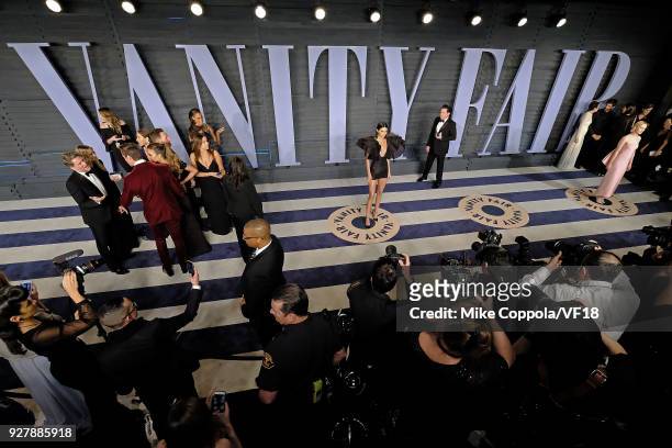 Kendall Jenner attend the 2018 Vanity Fair Oscar Party hosted by Radhika Jones at Wallis Annenberg Center for the Performing Arts on March 4, 2018 in...