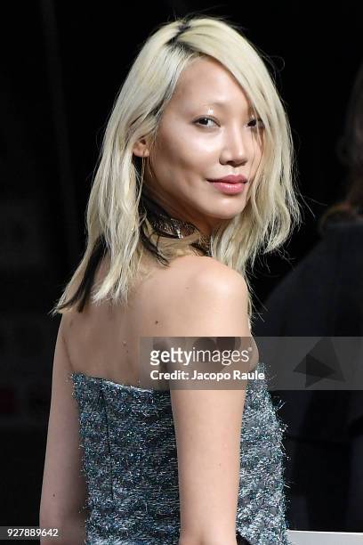 Soo Joo Park is seen arriving at Chanel Fashion Show during the Paris Fashion Week Womenswear Fall/Winter 2018/2019 on March 6, 2018 in Paris, France.
