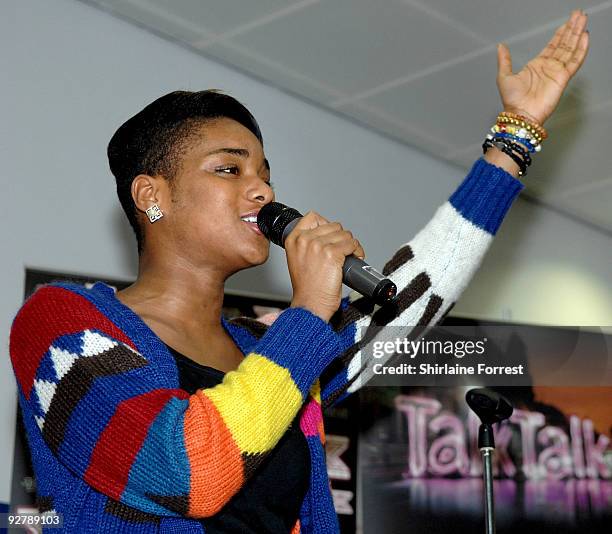 Rachel Adedeji performs at TalkTalk store after being voted out of The X Factor on November 5, 2009 in Warrington, England.