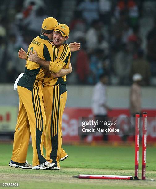 Shaun Marsh and Ricky Ponting of Australia celebrate their win in the fifth One Day International match between India and Australia at Rajiv Gandhi...