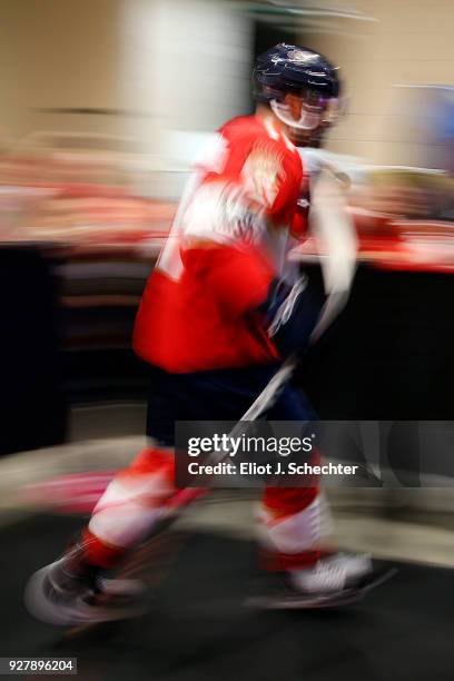 Jonathan Huberdeau of the Florida Panthers heads out to the ice prior to the start of the game against the Philadelphia Flyers at the BB&T Center on...