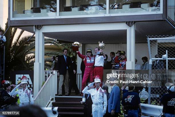 Ayrton Senna, Ron Dennis, Jean Alesi, Grand Prix of Monaco, Circuit de Monaco, 23 May 1993. Ayrton Senna celebrating his victory in the 1992 Monaco...