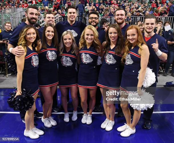 Gonzaga Bulldogs cheerleaders pose before the team's semifinal game of the West Coast Conference basketball tournament against the San Francisco Dons...