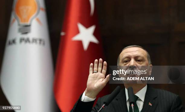 Turkish President and Leader of the Justice and Development Party Recep Tayyip Erdogan delivers a speech during the AK Party's parliamentary group...