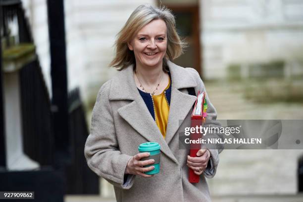 Britain's Chief Secretary to the Treasury Liz Truss arrives in Downing street on central London on March 6, 2018 for the weekly meeting of the...