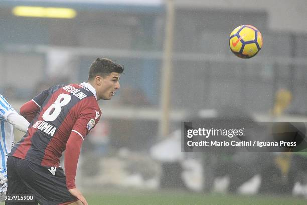 Riccardo Orsolini of Bologna FC heads the ball during the serie A match between Spal and Bologna FC at Stadio Paolo Mazza on March 3, 2018 in...