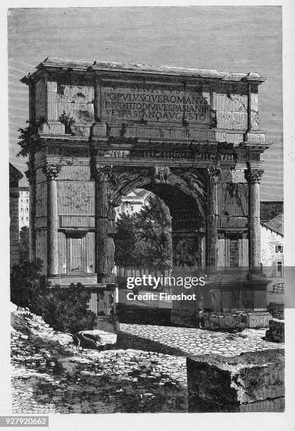 History of Ancient Rome. Arch of Titus is a 1st. Century honorific arch located on the Via Sacra, Rome, just to the south. East of the Roman Forum.