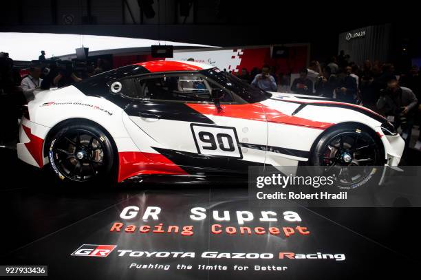 New Toyota GR Supra Racing Concept is displayed at the 88th Geneva International Motor Show on March 6, 2018 in Geneva, Switzerland. Global...