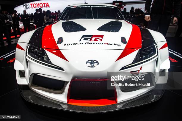 New Toyota GR Supra Racing Concept is displayed at the 88th Geneva International Motor Show on March 6, 2018 in Geneva, Switzerland. Global...