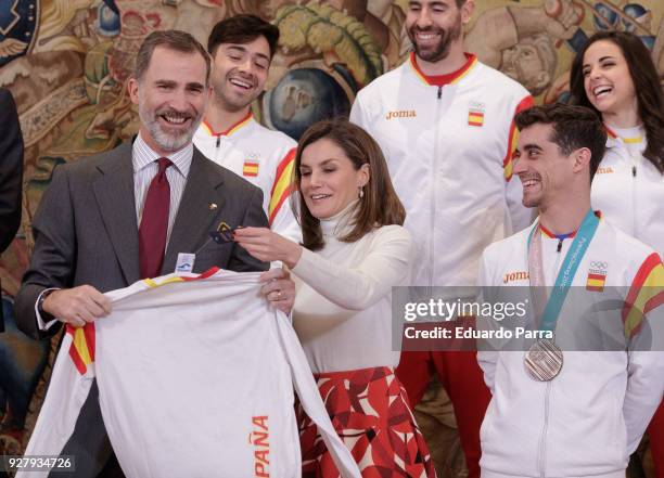 King Felipe VI of Spain, Queen Letizia of Spain and artistic skater Javier Fernandez receive the spanish Winter Olympics Team at Zarzuela palace on...