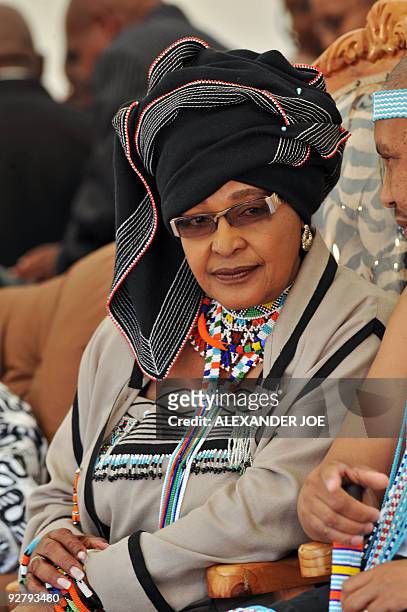 Ex-wife of Nelson Mandela Winnie Madikizela-Mandela, dressed in her traditional Xhosa tribe, looks on during a gathering of traditional leaders' in...