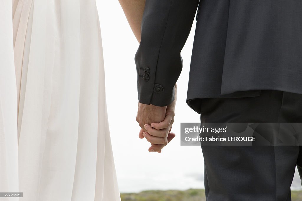 Rear view of a couple holding hands