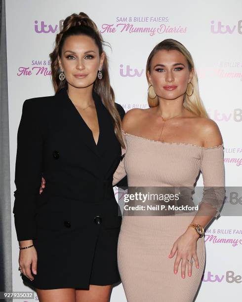 Billie Faiers and Sam Faiers pose for ITV's 'The Mummy Diaries' photocall at Park Plaza Westminster Bridge Hotel on March 6, 2018 in London, England.