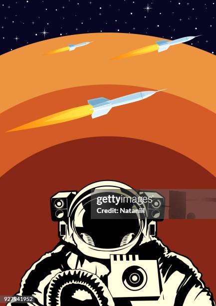 ilustraciones, imágenes clip art, dibujos animados e iconos de stock de cartel de colono marciano - casco espacial