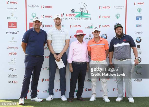 Thomas Bjorn of Sweden, Chris Wood of England, Emiliano Grillo of Argentina and Andrew Johnston of England pictured with Pawan Munjal, Chairman of...