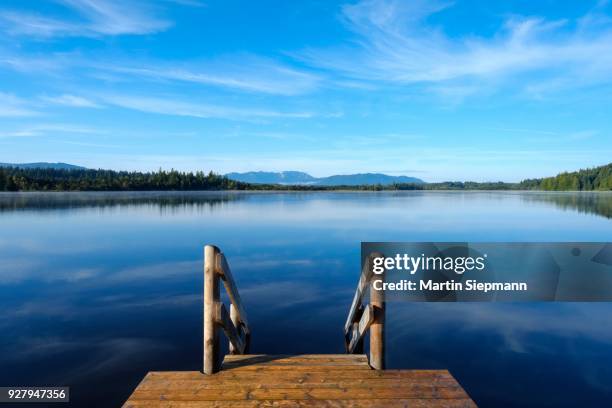 holzsteg, kirchsee near sachsenkam, toelzer land, upper bavaria, bavaria, germany - holzsteg stock pictures, royalty-free photos & images