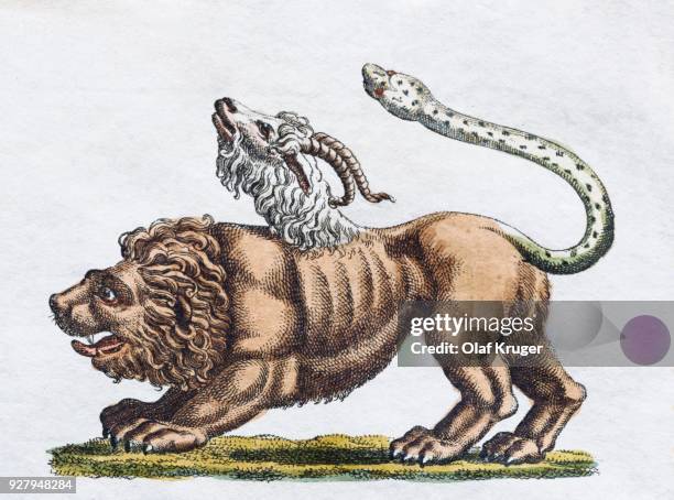illustrations, cliparts, dessins animés et icônes de chimera or chimera, handcoloured copper engraving from friedrich justin bertuch picture book for children, weimar 1792 - mythology