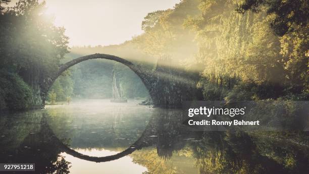 rakotz bridge or devils bridge in kromlau park, kromlau, saxony, germany - kromlau azalea and rhododendron park foto e immagini stock
