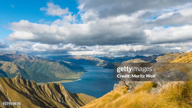 alpine landscape, lake hawea and mountain panorama, isthmus peak track, otago, south island, new zealand, oceania - hawea stock-fotos und bilder
