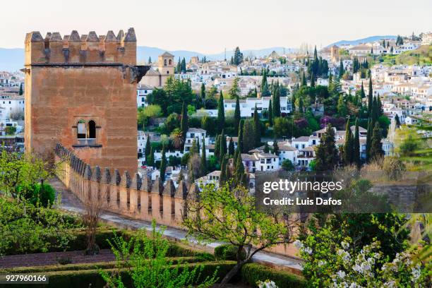 alhambra tower and albaicin view - albaicín stock pictures, royalty-free photos & images