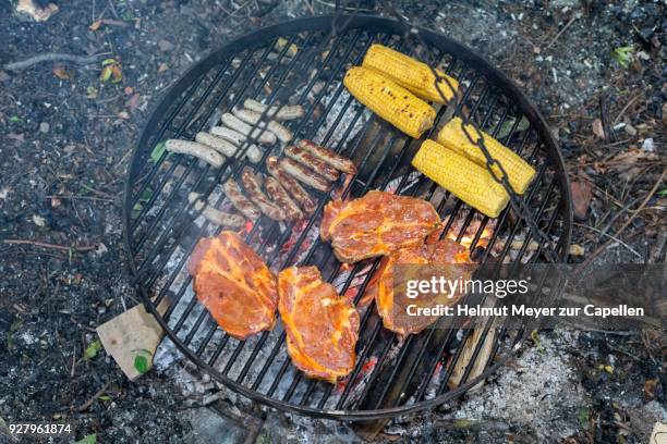 meat, sausages and corn cobs over the grill fire - grillage ストックフォトと画像